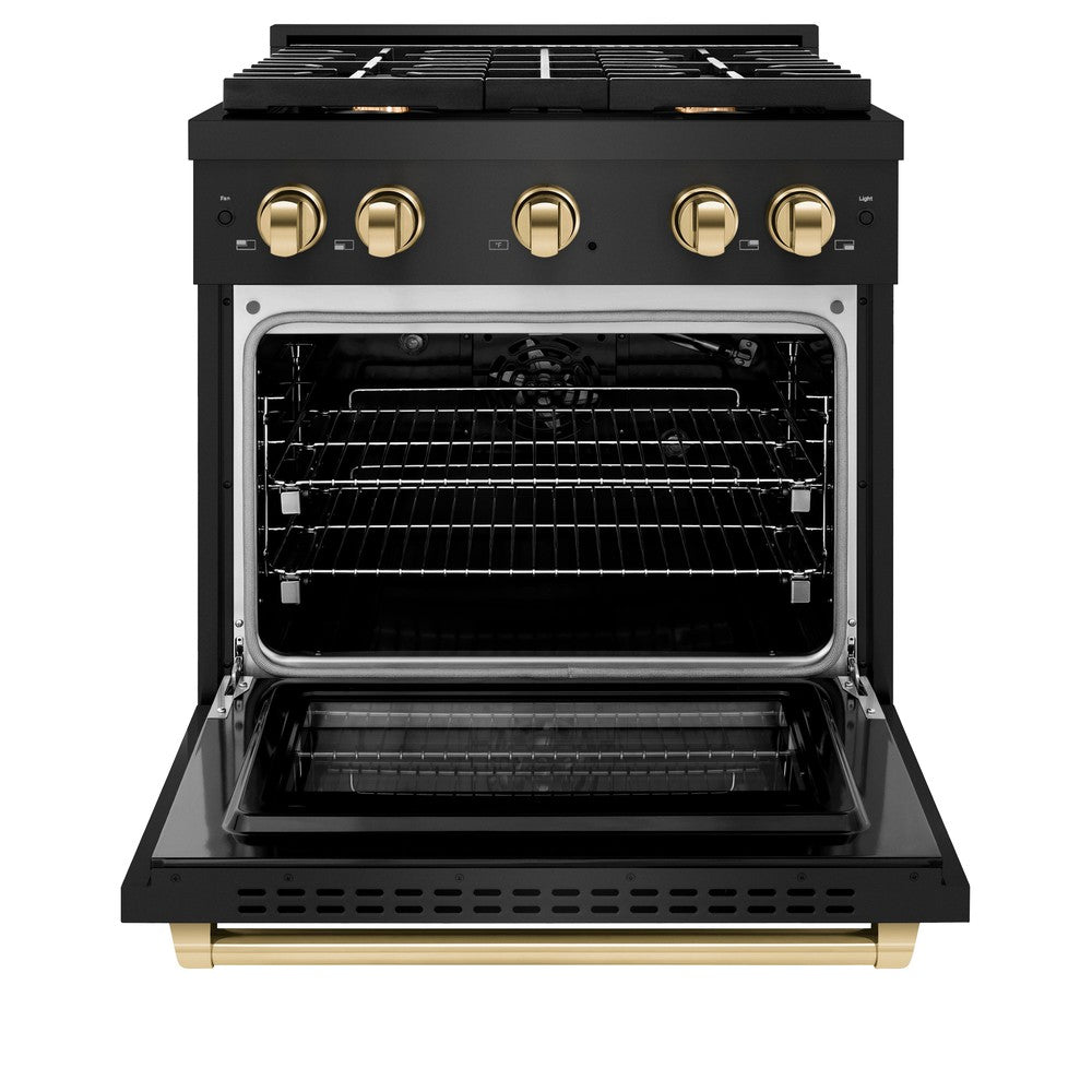 Autograph Edition 30 In. 4.2 Cu. Ft. Paramount Gas Range With 4 Burner Cooktop And Convection Gas Oven In Black Stainless Steel And Polished Gold Accents SGRBZ30G