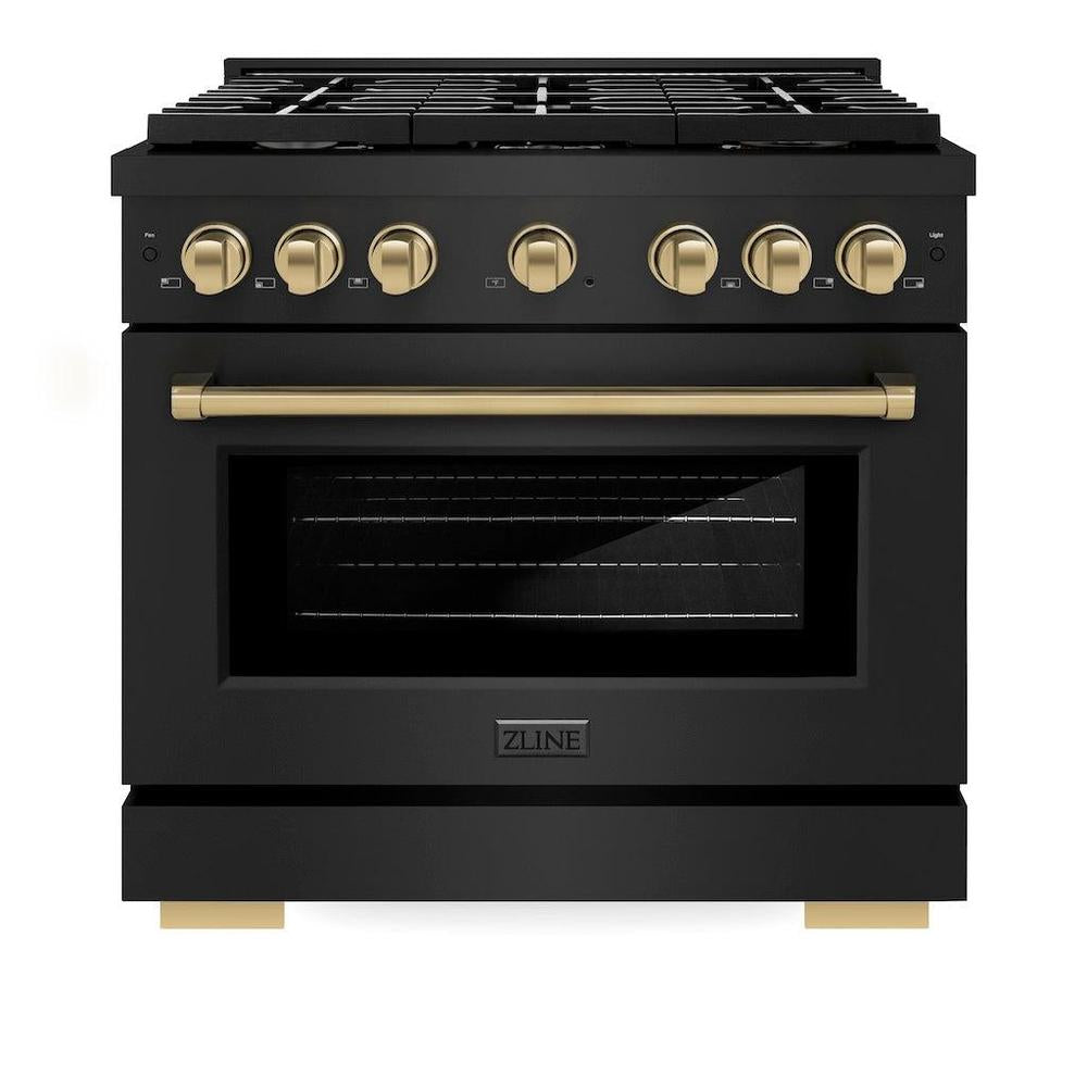 Autograph Edition 36 In. 5.2 Cu. Ft. Paramount Gas Range With 6 Burner Cooktop And Convection Gas Oven In Black Stainless Steel And Champagne Bronze Accents SGRBZ36CB