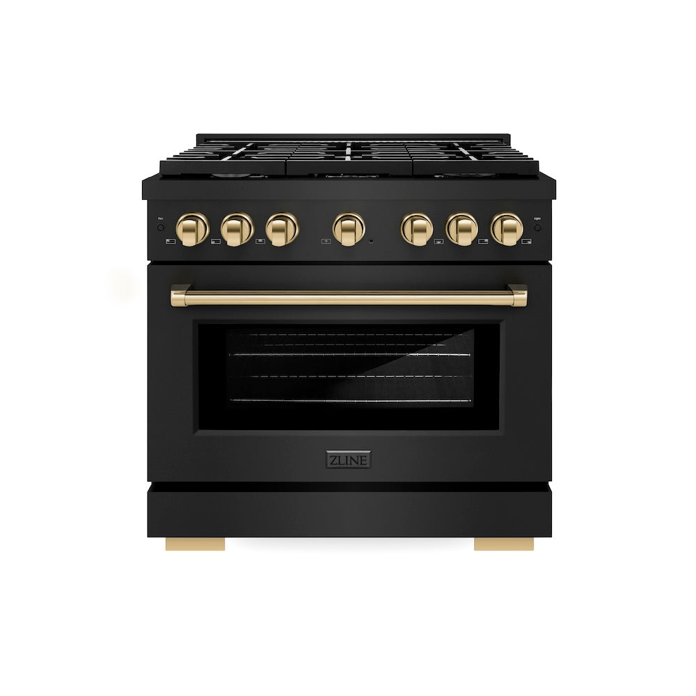 Autograph Edition 36 In. 5.2 Cu. Ft. Paramount Gas Range With 6 Burner Cooktop And Convection Gas Oven In Black Stainless Steel And Polished Gold Accents SGRBZ36G