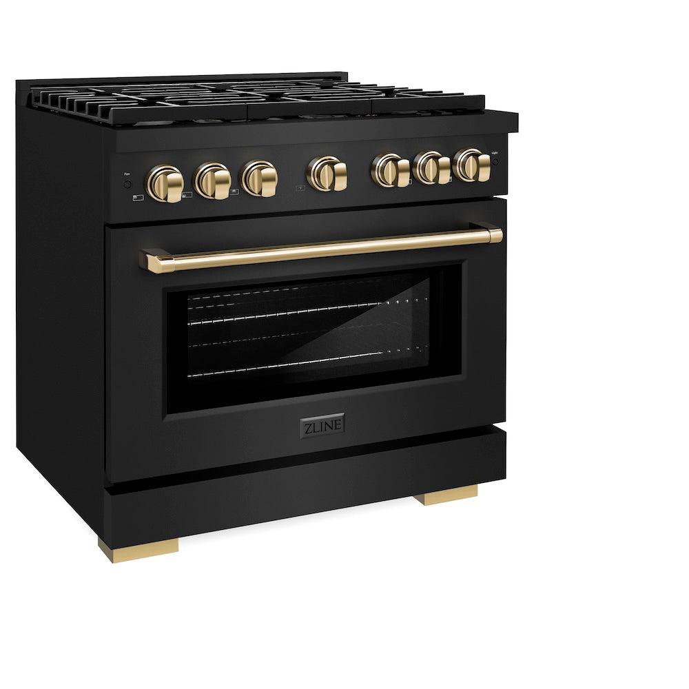Autograph Edition 36 In. 5.2 Cu. Ft. Paramount Gas Range With 6 Burner Cooktop And Convection Gas Oven In Black Stainless Steel And Polished Gold Accents SGRBZ36G