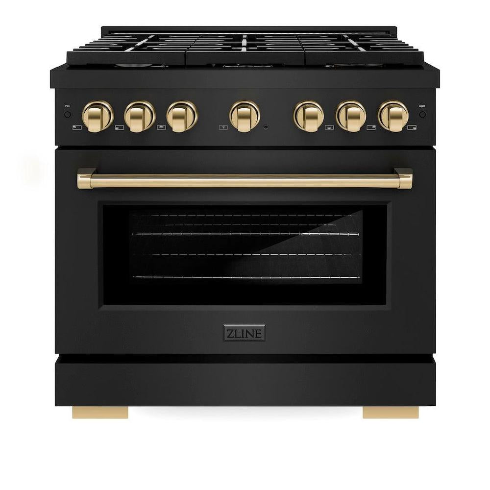 Autograph Edition 36 In. 5.2 Cu. Ft. Paramount Gas Range With 6 Burner Cooktop And Convection Gas Oven In Black Stainless Steel And Polished Gold Accents SGRBZ36G