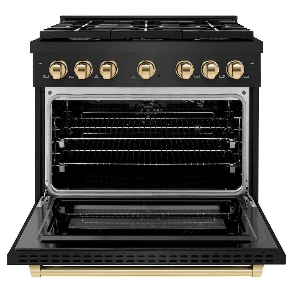 Autograph Edition 36 In. 5.2 Cu. Ft. Paramount Gas Range With 6 Burner Cooktop And Convection Gas Oven In Black Stainless Steel And Polished Gold Accents SGRBZ36G