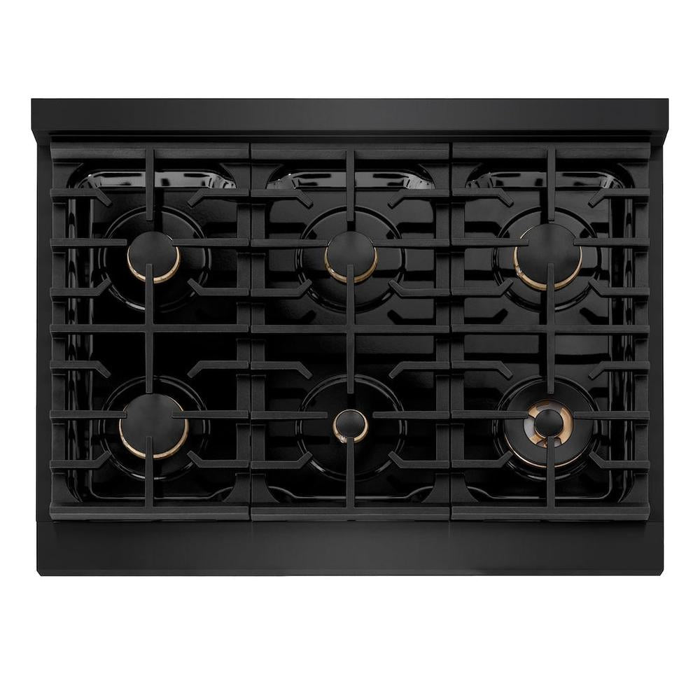 Autograph Edition 36 In. 5.2 Cu. Ft. Paramount Gas Range With 6 Burner Cooktop And Convection Gas Oven In Black Stainless Steel And Polished Gold Accents SGRBZ36G