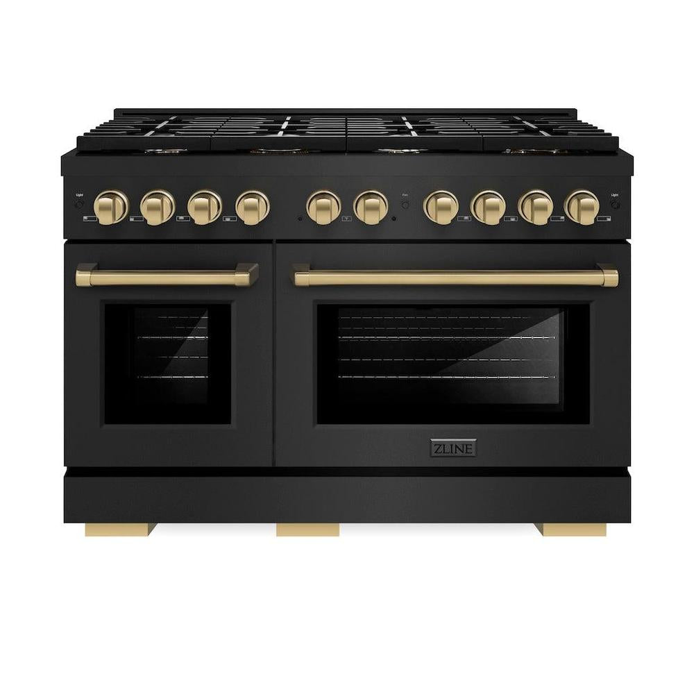 Autograph Edition 48 In. 6.7 Cu. Ft. Paramount Double Oven Gas Range With 8 Burner Cooktop In Black Stainless Steel And Champagne Bronze Accents SGRBZ48CB