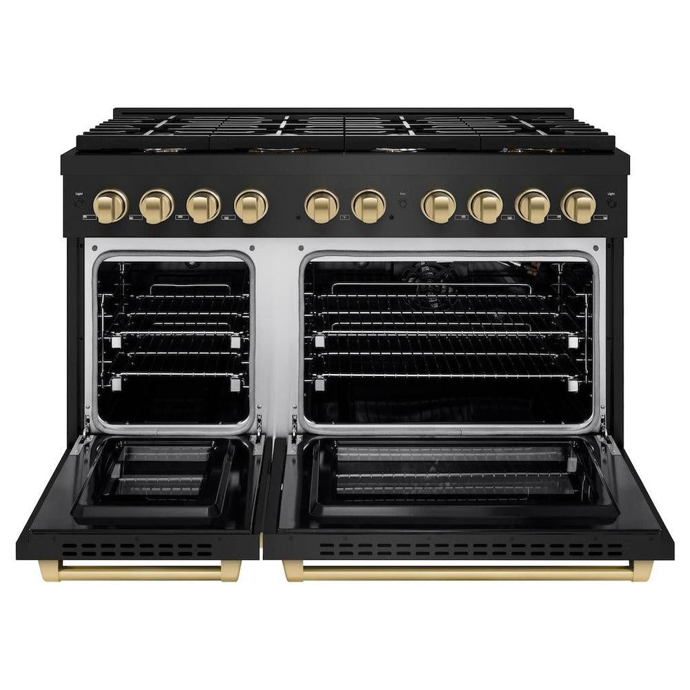 Autograph Edition 48 In. 6.7 Cu. Ft. Paramount Double Oven Gas Range With 8 Burner Cooktop In Black Stainless Steel And Champagne Bronze Accents SGRBZ48CB