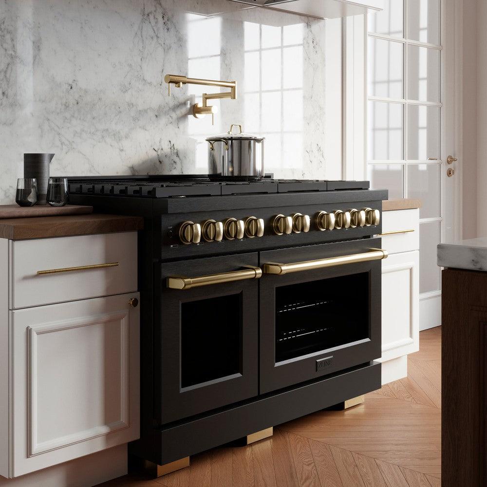 Autograph Edition 48 In. 6.7 Cu. Ft. Paramount Double Oven Gas Range With 8 Burner Cooktop In Black Stainless Steel And Polished Gold Accents SGRBZ48G