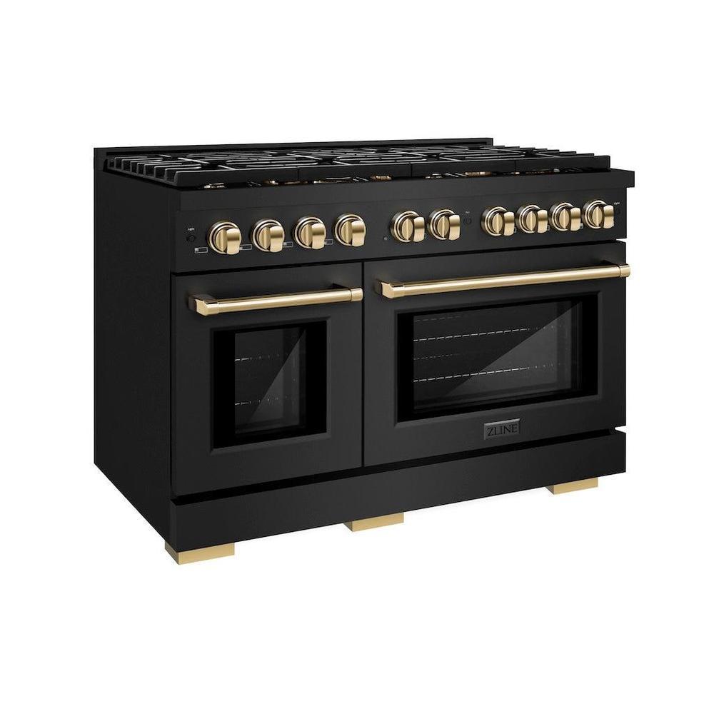 Autograph Edition 48 In. 6.7 Cu. Ft. Paramount Double Oven Gas Range With 8 Burner Cooktop In Black Stainless Steel And Polished Gold Accents SGRBZ48G