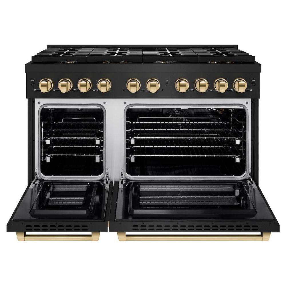 Autograph Edition 48 In. 6.7 Cu. Ft. Paramount Double Oven Gas Range With 8 Burner Cooktop In Black Stainless Steel And Polished Gold Accents SGRBZ48G