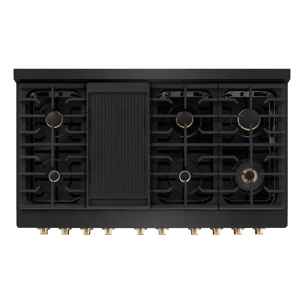 Autograph Edition 48 In. 6.7 Cu. Ft. Paramount Double Oven Gas Range With 8 Burner Cooktop In Black Stainless Steel And Polished Gold Accents SGRBZ48G