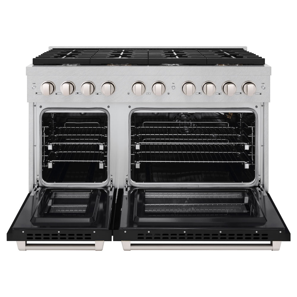 48 In. 6.7 Cu. Ft. Paramount Double Oven Gas Range With 8 Burner Cooktop In Satin Stainless Steel With Black Matte Doors SGRSBLM48