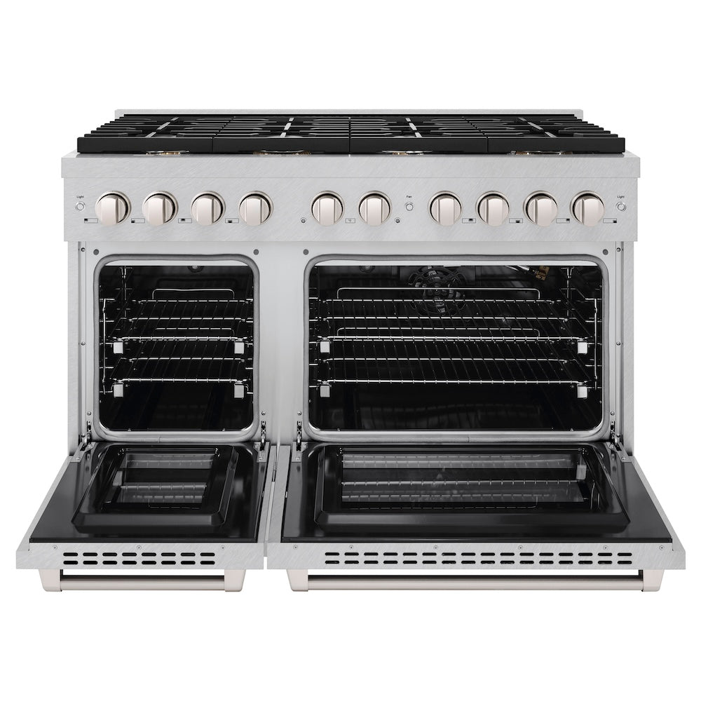48 In. 6.7 Cu. Ft. Paramount Double Oven Gas Range In Satin Stainless Steel With 8 Brass Burners SGRSBR48