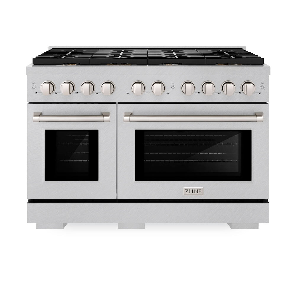 48 In. 6.7 Cu. Ft. Paramount Double Oven Gas Range In Satin Stainless Steel With 8 Brass Burners SGRSBR48