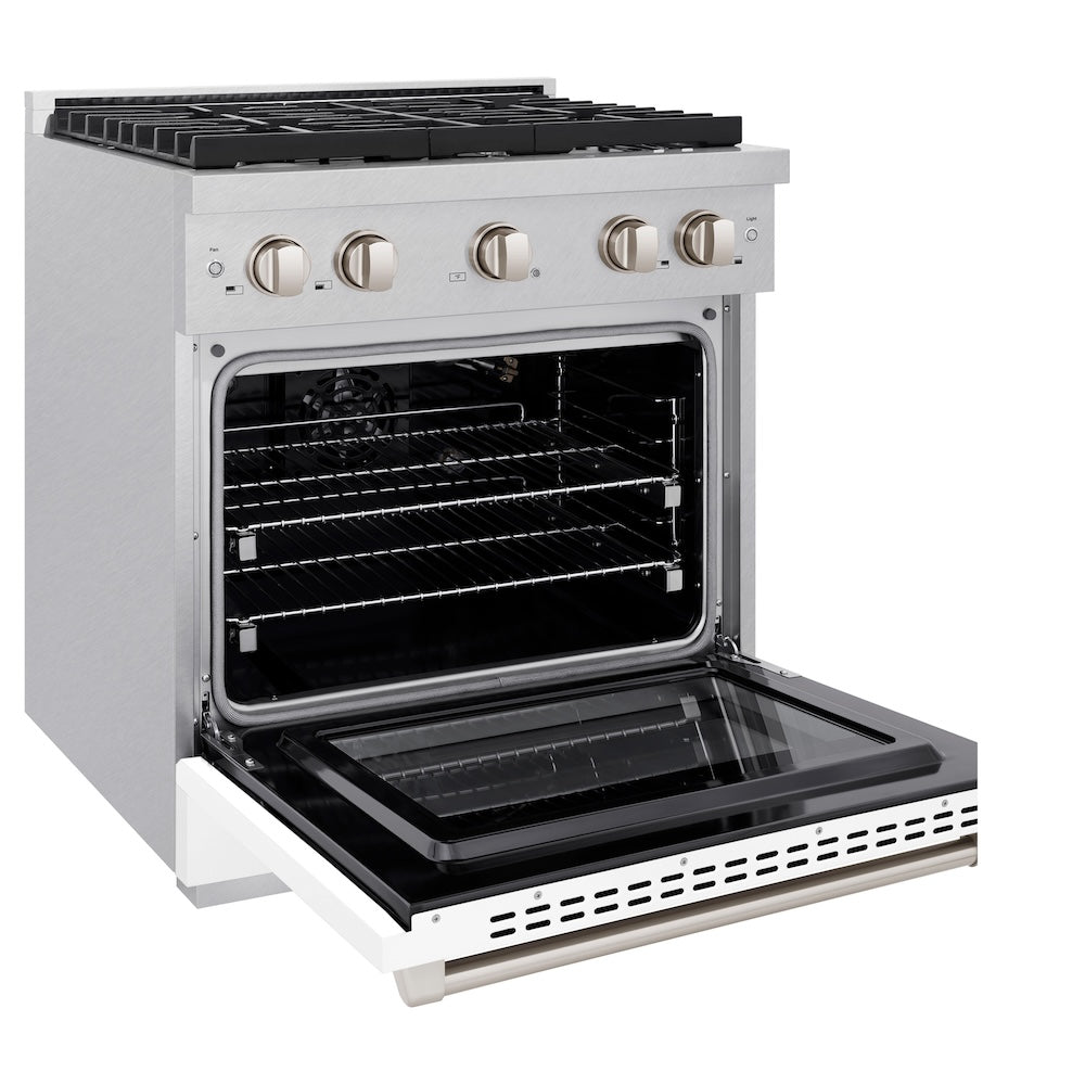 30 In. 4.2 Cu. Ft. Paramount Gas Range With 4 Burner Cooktop And Convection Gas Oven In Satin Stainless Steel With White Matte Door SGRSWM30