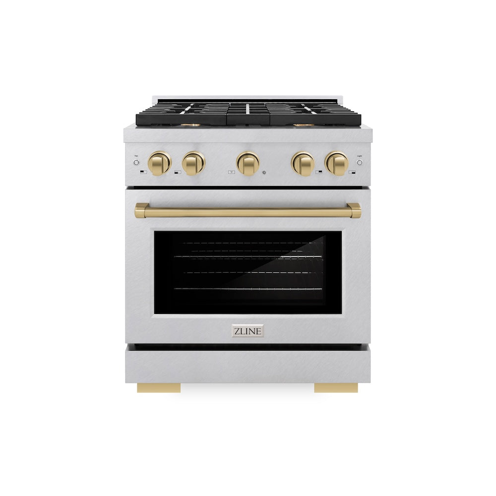 Autograph Edition 30 In. 4.2 Cu. Ft. Paramount Gas Range With 4 Burner Cooktop And Convection Gas Oven In Satin Stainless Steel And Champagne Bronze Accents SGRSZ30CB