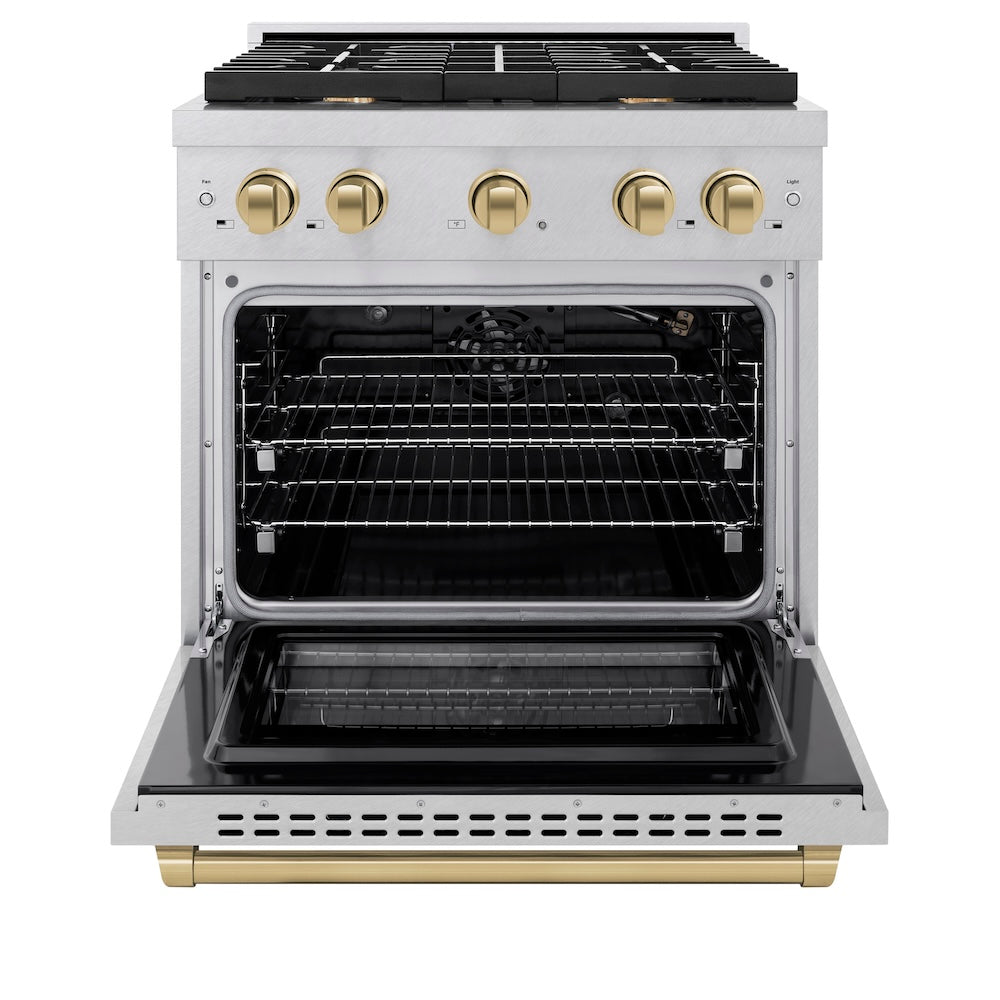 Autograph Edition 30 In. 4.2 Cu. Ft. Paramount Gas Range With 4 Burner Cooktop And Convection Gas Oven In Satin Stainless Steel And Champagne Bronze Accents SGRSZ30CB