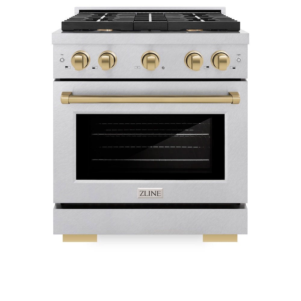 Autograph Edition 30 In. 4.2 Cu. Ft. Paramount Gas Range With 4 Burner Cooktop And Convection Gas Oven In Satin Stainless Steel And Champagne Bronze Accents SGRSZ30CB
