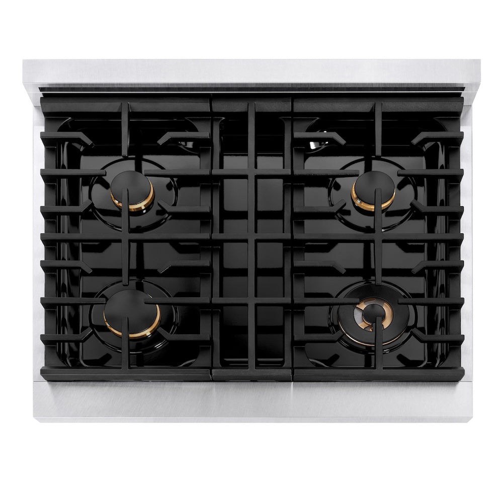Autograph Edition 30 In. 4.2 Cu. Ft. Paramount Gas Range With 4 Burner Cooktop And Convection Gas Oven In Satin Stainless Steel And Champagne Bronze Accents SGRSZ30CB