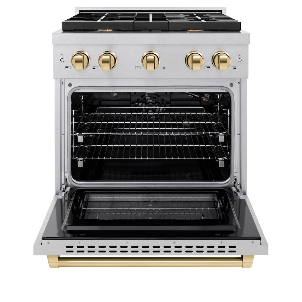 Autograph Edition 30 In. 4.2 Cu. Ft. Paramount Gas Range With 4 Burner Cooktop And Convection Gas Oven In Satin Stainless Steel And Polished Gold Accents SGRSZ30G