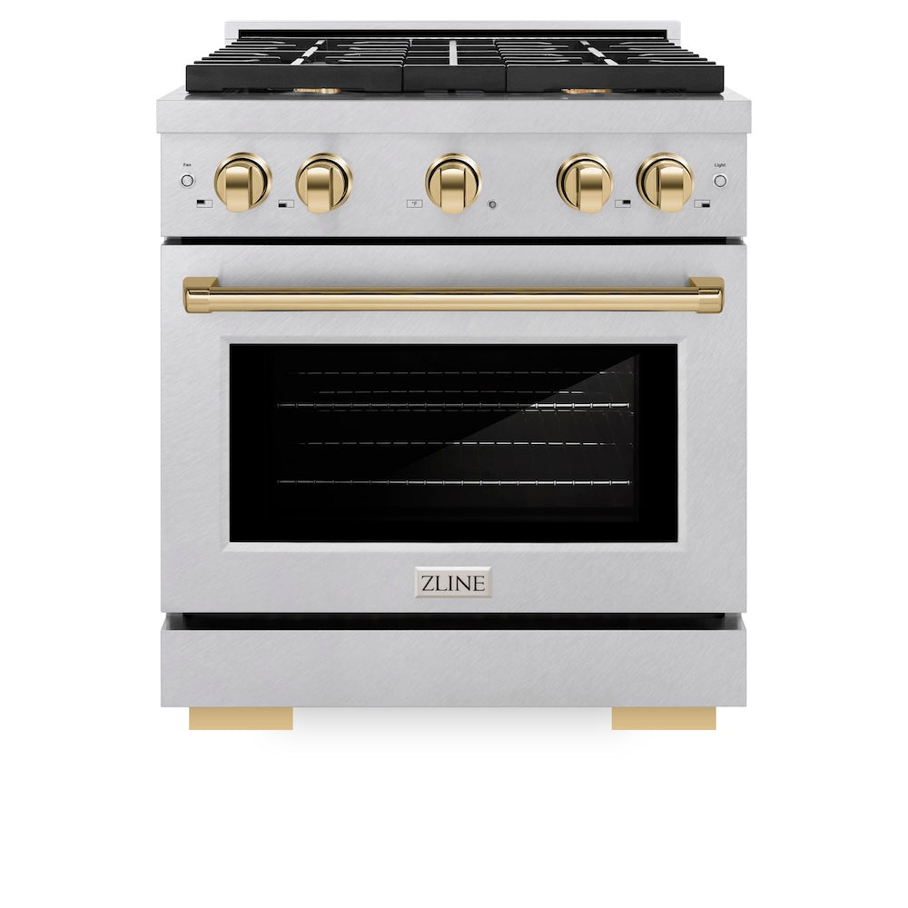 Autograph Edition 30 In. 4.2 Cu. Ft. Paramount Gas Range With 4 Burner Cooktop And Convection Gas Oven In Satin Stainless Steel And Polished Gold Accents SGRSZ30G