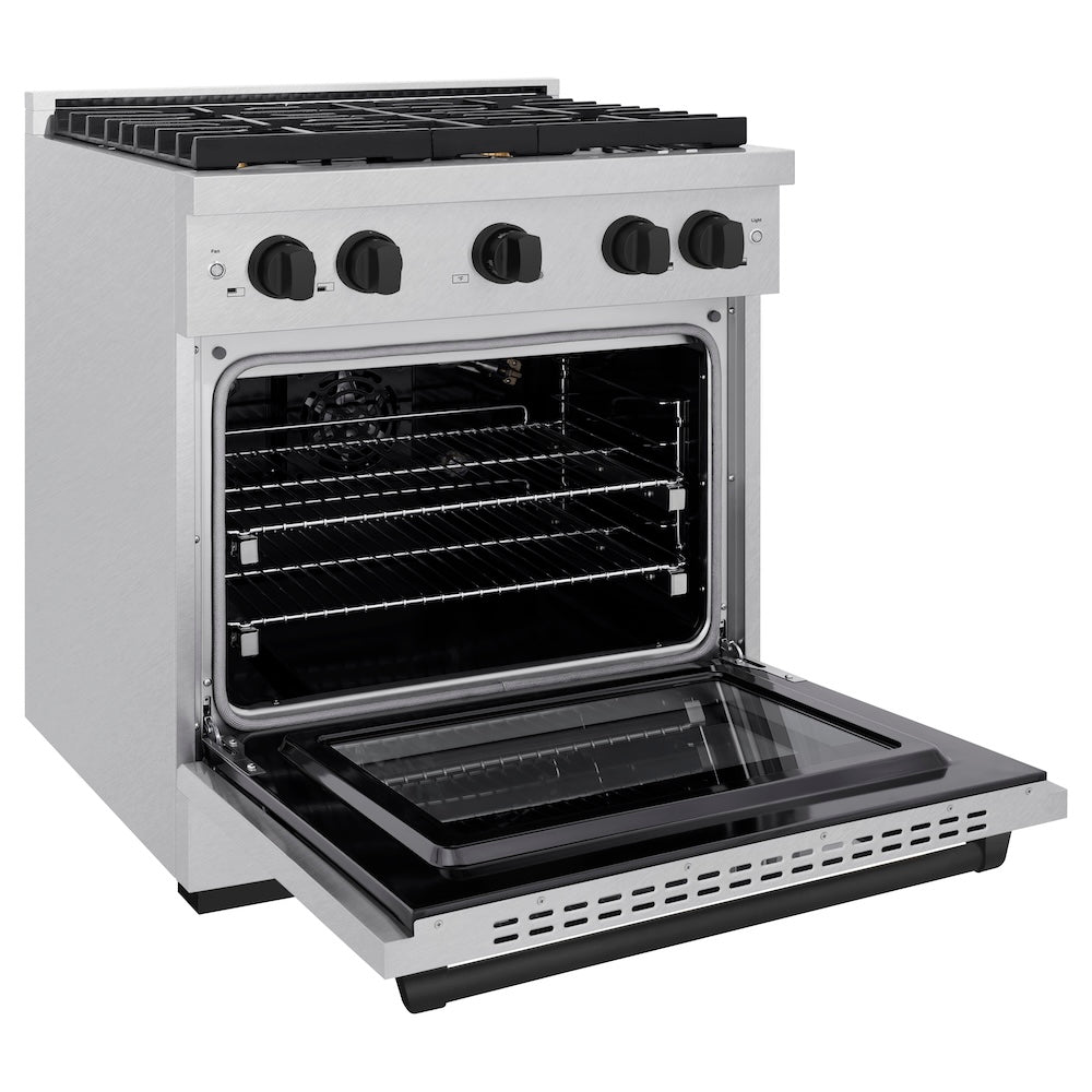Autograph Edition 30 In. 4.2 Cu. Ft. Paramount Gas Range With 4 Burner Cooktop And Convection Gas Oven In Satin Stainless Steel And Matte Black Accents SGRSZ30MB