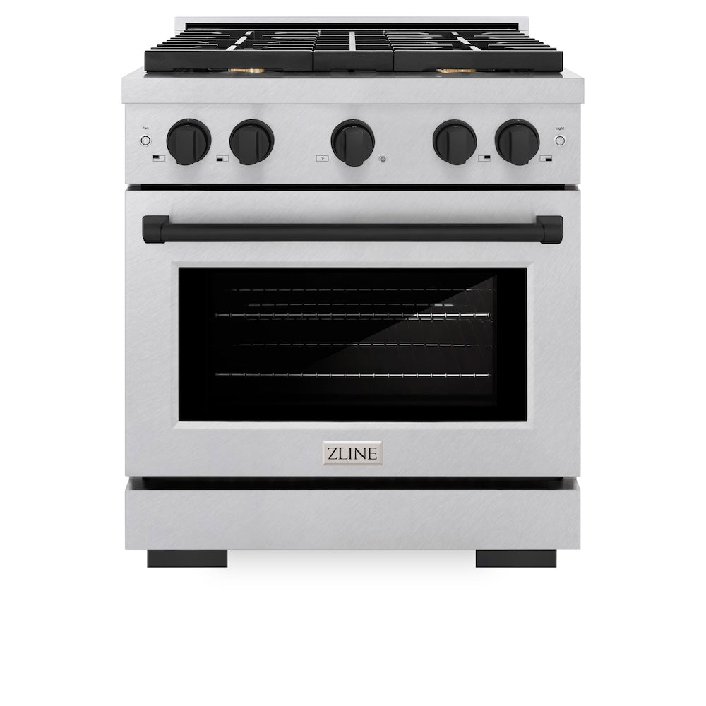 Autograph Edition 30 In. 4.2 Cu. Ft. Paramount Gas Range With 4 Burner Cooktop And Convection Gas Oven In Satin Stainless Steel And Matte Black Accents SGRSZ30MB