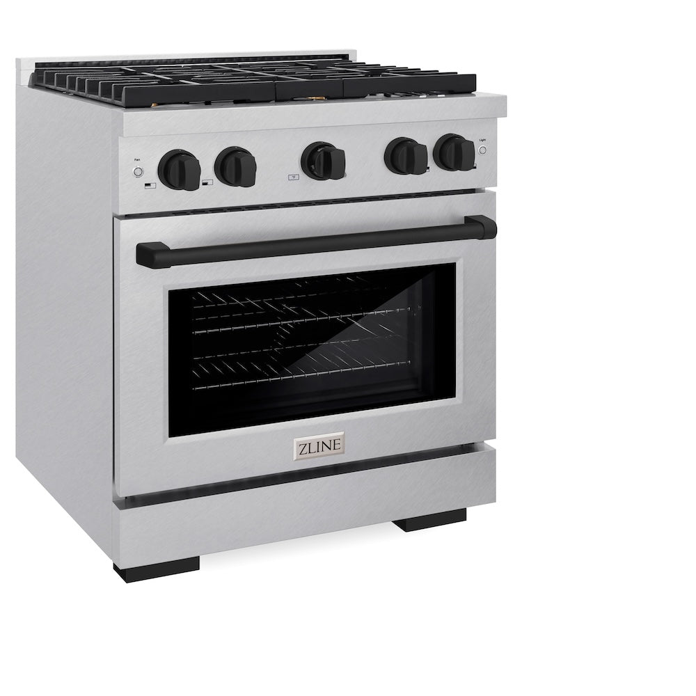 Autograph Edition 30 In. 4.2 Cu. Ft. Paramount Gas Range With 4 Burner Cooktop And Convection Gas Oven In Satin Stainless Steel And Matte Black Accents SGRSZ30MB