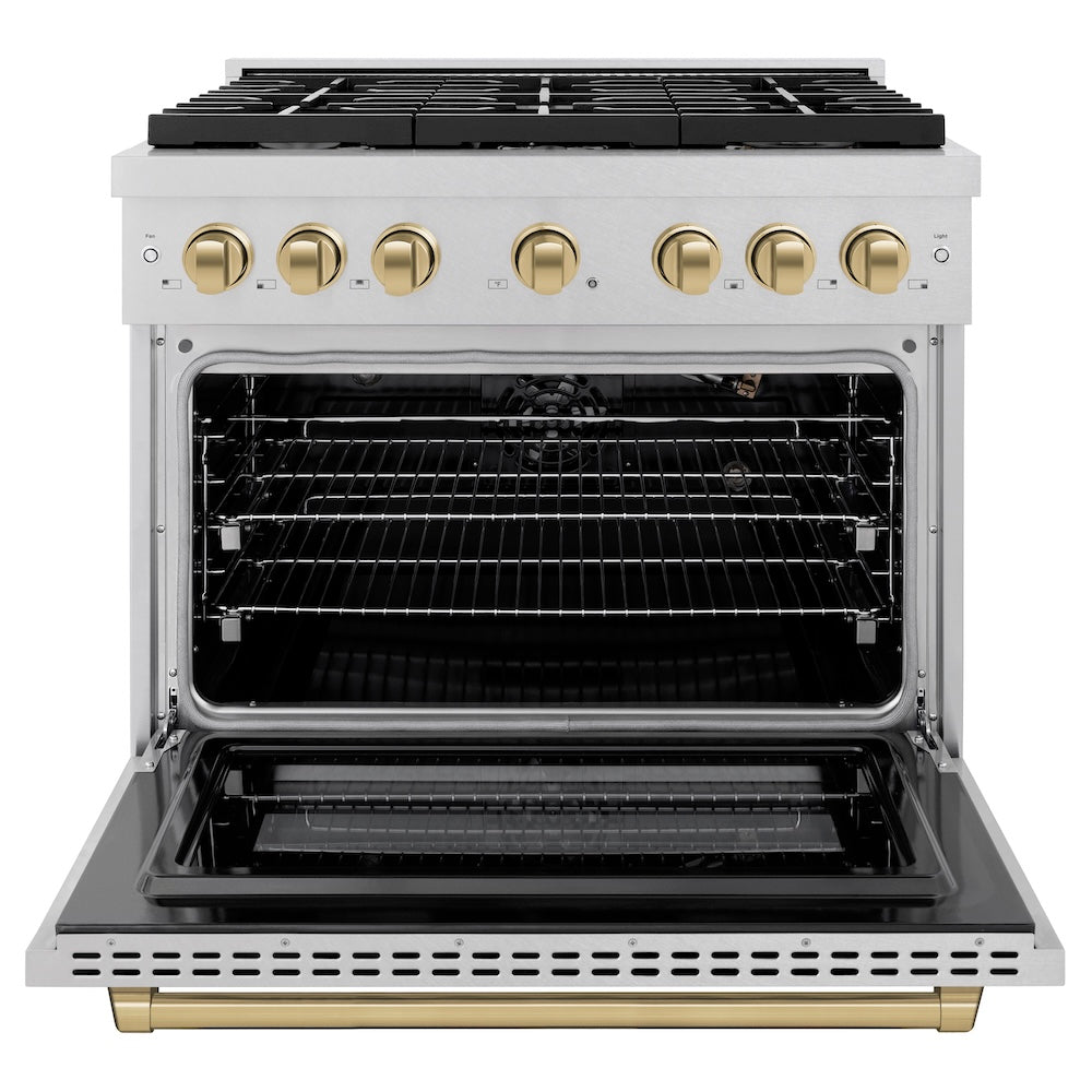 Autograph Edition 36 In. 5.2 Cu. Ft. Paramount Gas Range With 6 Burner Cooktop And Convection Gas Oven In Satin Stainless Steel And Champagne Bronze Accents SGRSZ36CB