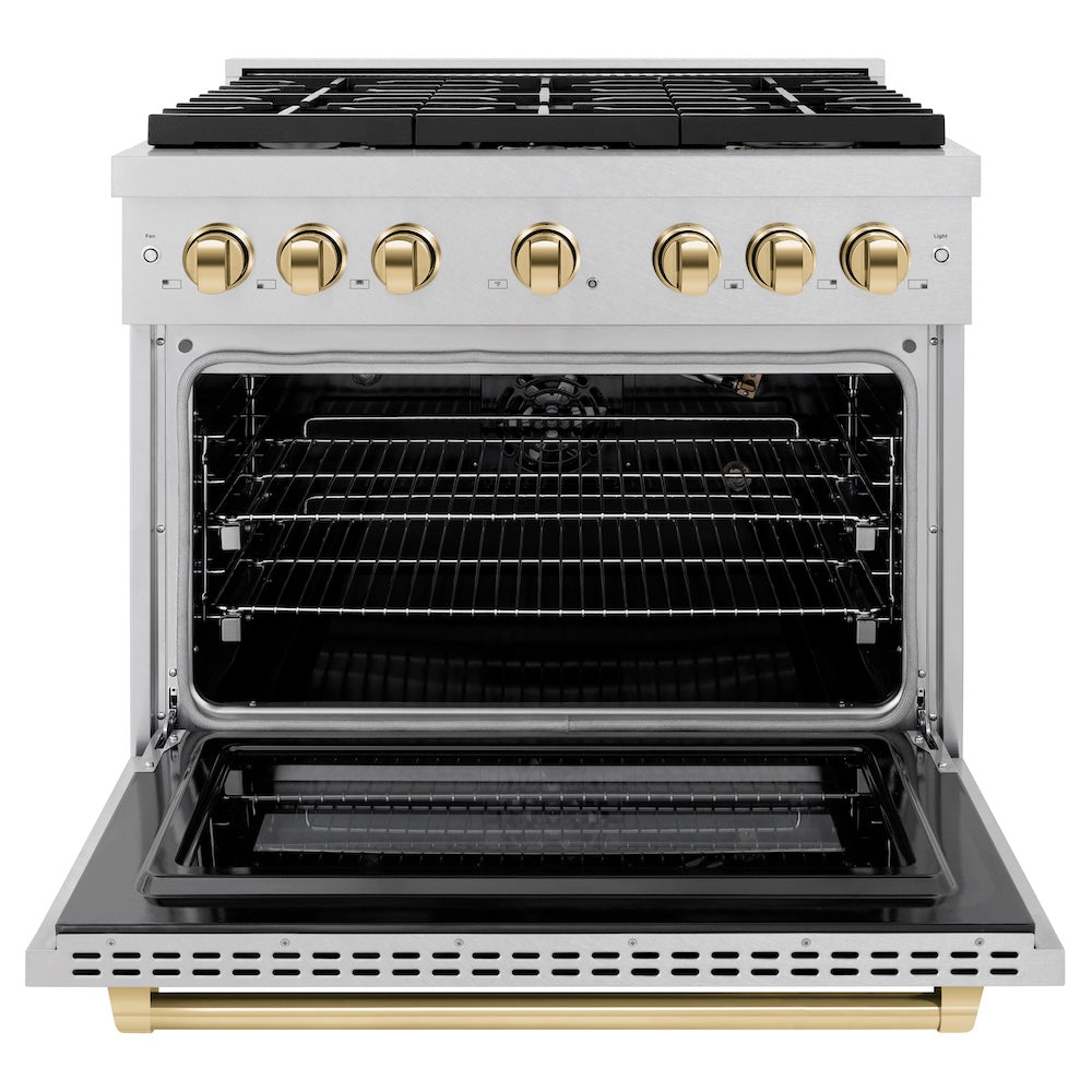 Autograph Edition 36 In. 5.2 Cu. Ft. Paramount Gas Range With 6 Burner Cooktop And Convection Gas Oven In Satin Stainless Steel And Polished Gold Accents SGRSZ36G