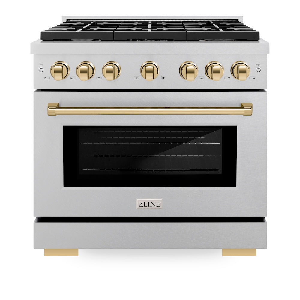 Autograph Edition 36 In. 5.2 Cu. Ft. Paramount Gas Range With 6 Burner Cooktop And Convection Gas Oven In Satin Stainless Steel And Polished Gold Accents SGRSZ36G