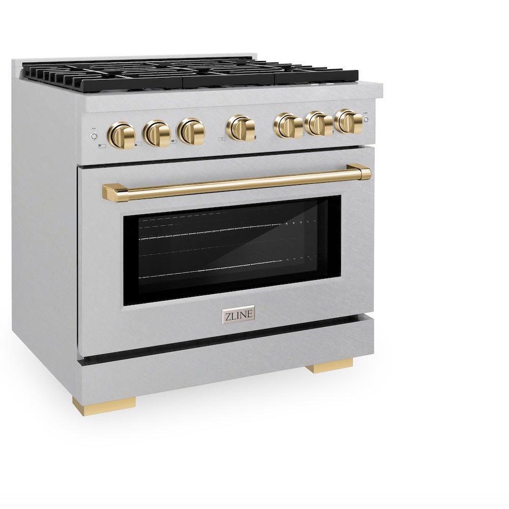 Autograph Edition 36 In. 5.2 Cu. Ft. Paramount Gas Range With 6 Burner Cooktop And Convection Gas Oven In Satin Stainless Steel And Polished Gold Accents SGRSZ36G