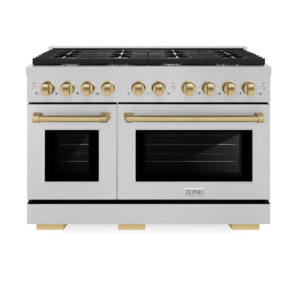 Autograph Edition 48 In. 6.7 Cu. Ft. Paramount Double Oven Gas Range With 8 Burner Cooktop In Satin Stainless Steel And Champagne Bronze Accents SGRSZ48CB