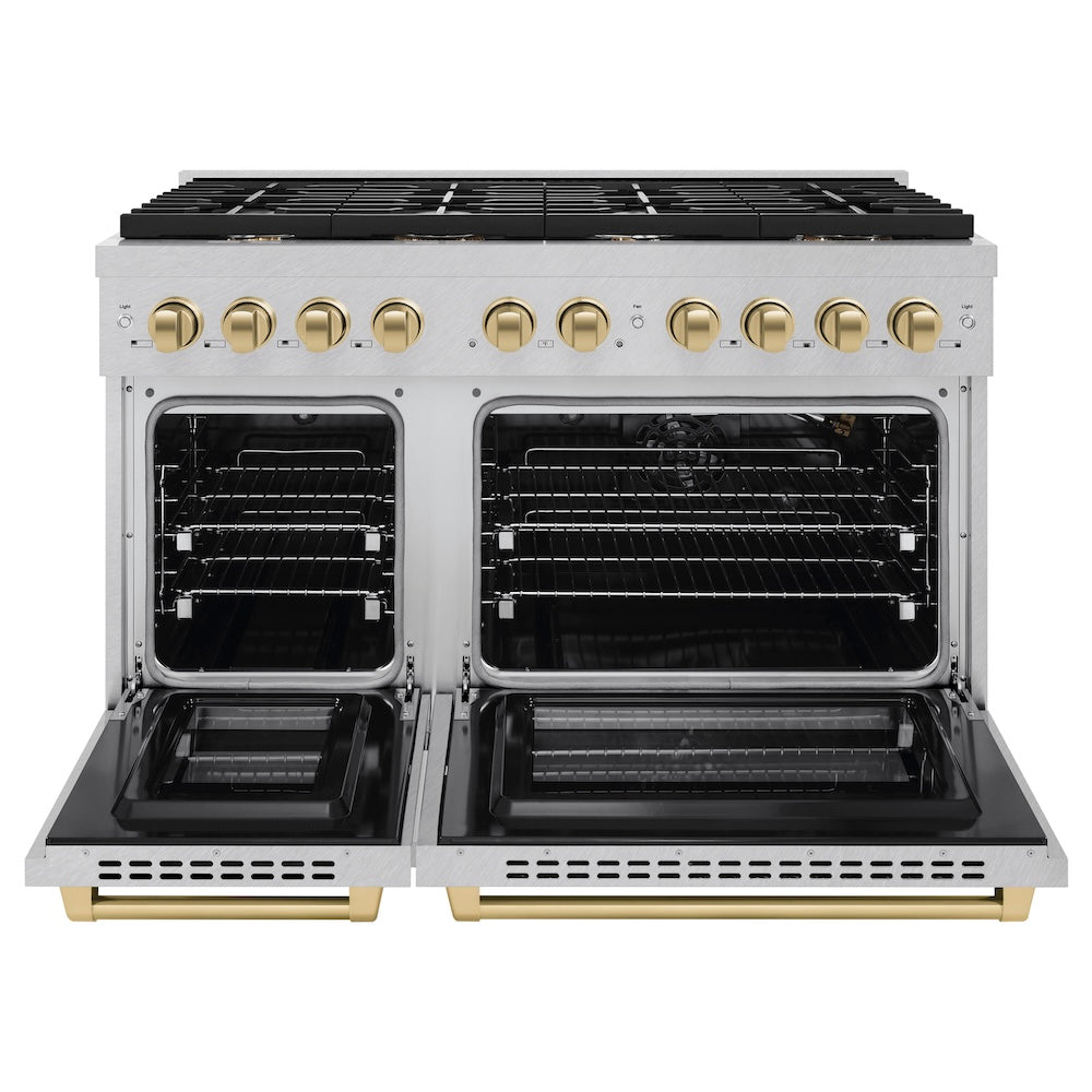 Autograph Edition 48 In. 6.7 Cu. Ft. Paramount Double Oven Gas Range With 8 Burner Cooktop In Satin Stainless Steel And Champagne Bronze Accents SGRSZ48CB