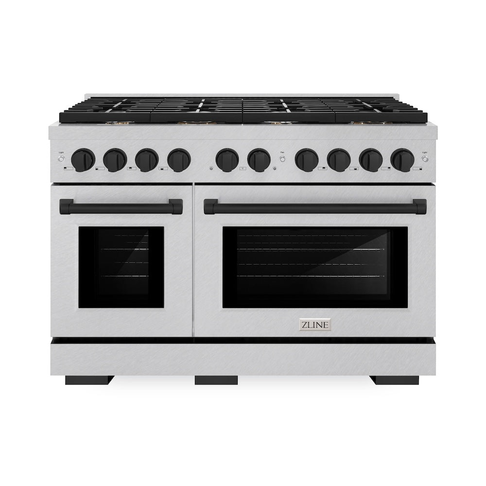 Autograph Edition 48 In. 6.7 Cu. Ft. Paramount Double Oven Gas Range With 8 Burner Cooktop In Satin Stainless Steel And Matte Black Accents SGRSZ48MB