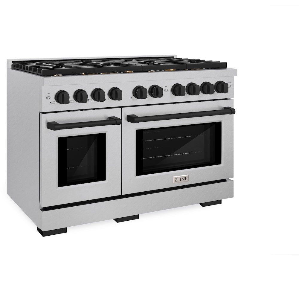 Autograph Edition 48 In. 6.7 Cu. Ft. Paramount Double Oven Gas Range With 8 Burner Cooktop In Satin Stainless Steel And Matte Black Accents SGRSZ48MB