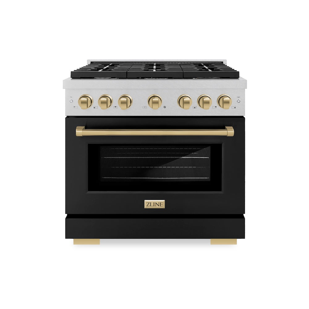 Autograph Edition 36 In. 5.2 Cu. Ft. Paramount Gas Range With 6 Burner Cooktop And Convection Gas Oven In Satin Stainless Steel With Black Matte Door And Champagne Bronze Accents SGRSZBLM36CB