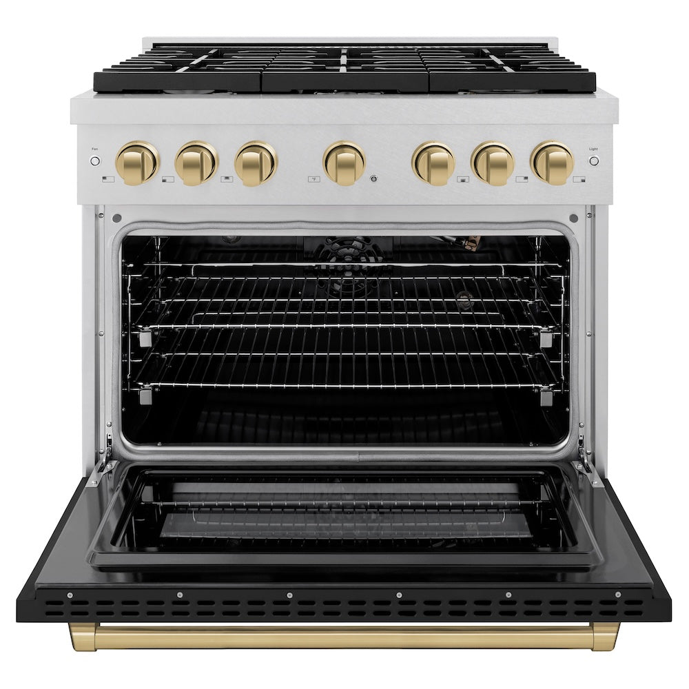 Autograph Edition 36 In. 5.2 Cu. Ft. Paramount Gas Range With 6 Burner Cooktop And Convection Gas Oven In Satin Stainless Steel With Black Matte Door And Champagne Bronze Accents SGRSZBLM36CB