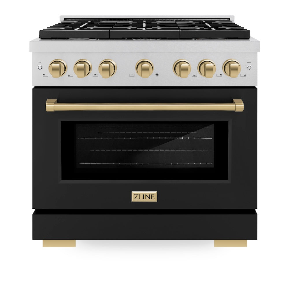 Autograph Edition 36 In. 5.2 Cu. Ft. Paramount Gas Range With 6 Burner Cooktop And Convection Gas Oven In Satin Stainless Steel With Black Matte Door And Champagne Bronze Accents SGRSZBLM36CB