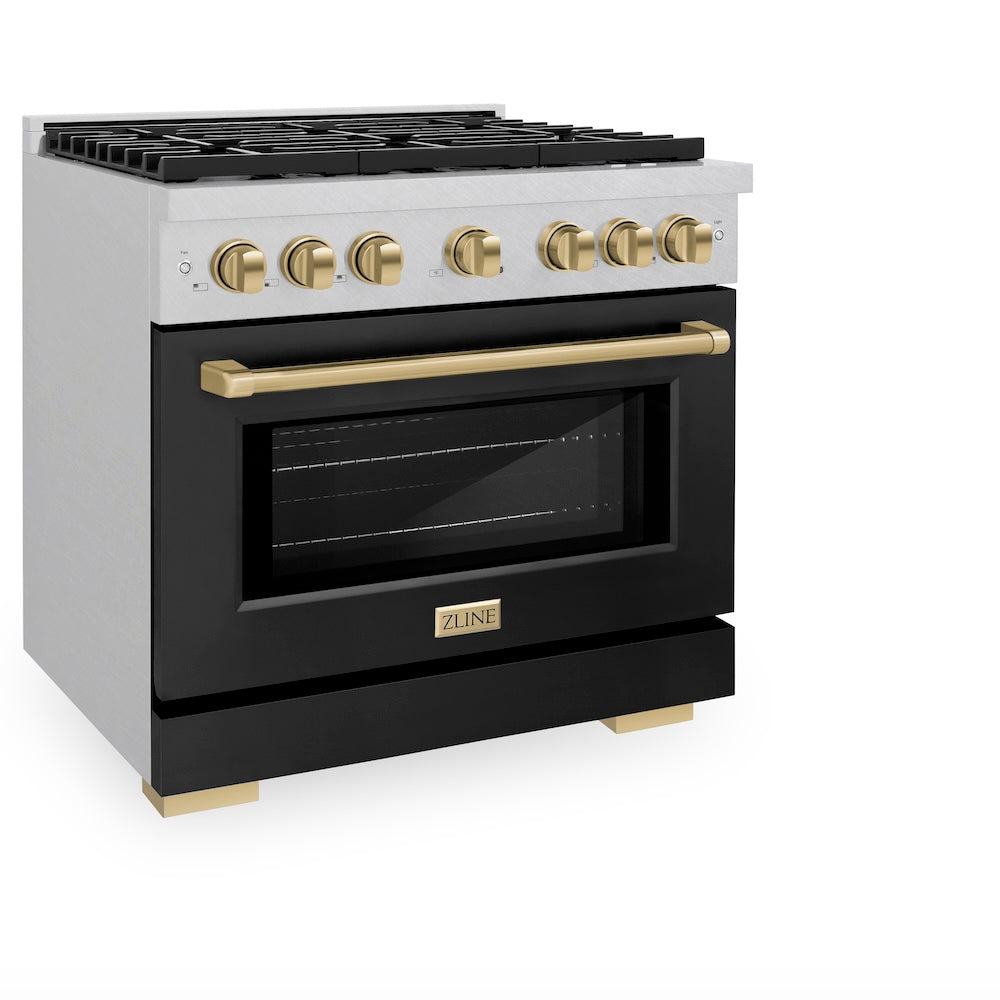 Autograph Edition 36 In. 5.2 Cu. Ft. Paramount Gas Range With 6 Burner Cooktop And Convection Gas Oven In Satin Stainless Steel With Black Matte Door And Champagne Bronze Accents SGRSZBLM36CB