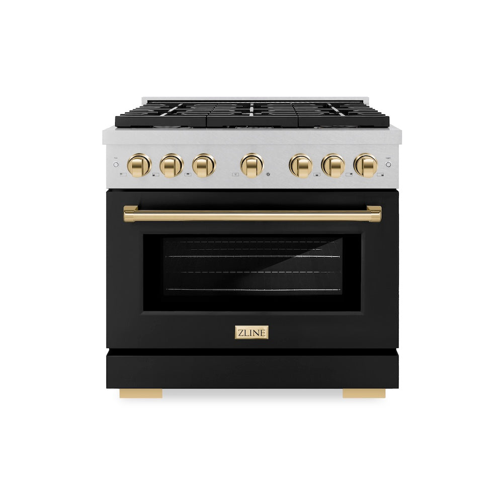 Autograph Edition 36 In. 5.2 Cu. Ft. Paramount Gas Range With 6 Burner Cooktop And Convection Gas Oven In Satin Stainless Steel With Black Matte Door And Polished Gold Accents SGRSZBLM36G