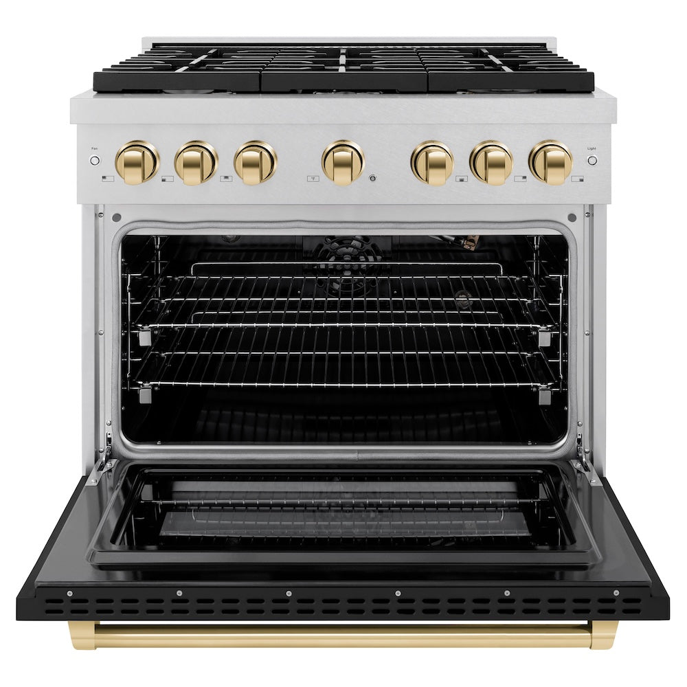 Autograph Edition 36 In. 5.2 Cu. Ft. Paramount Gas Range With 6 Burner Cooktop And Convection Gas Oven In Satin Stainless Steel With Black Matte Door And Polished Gold Accents SGRSZBLM36G