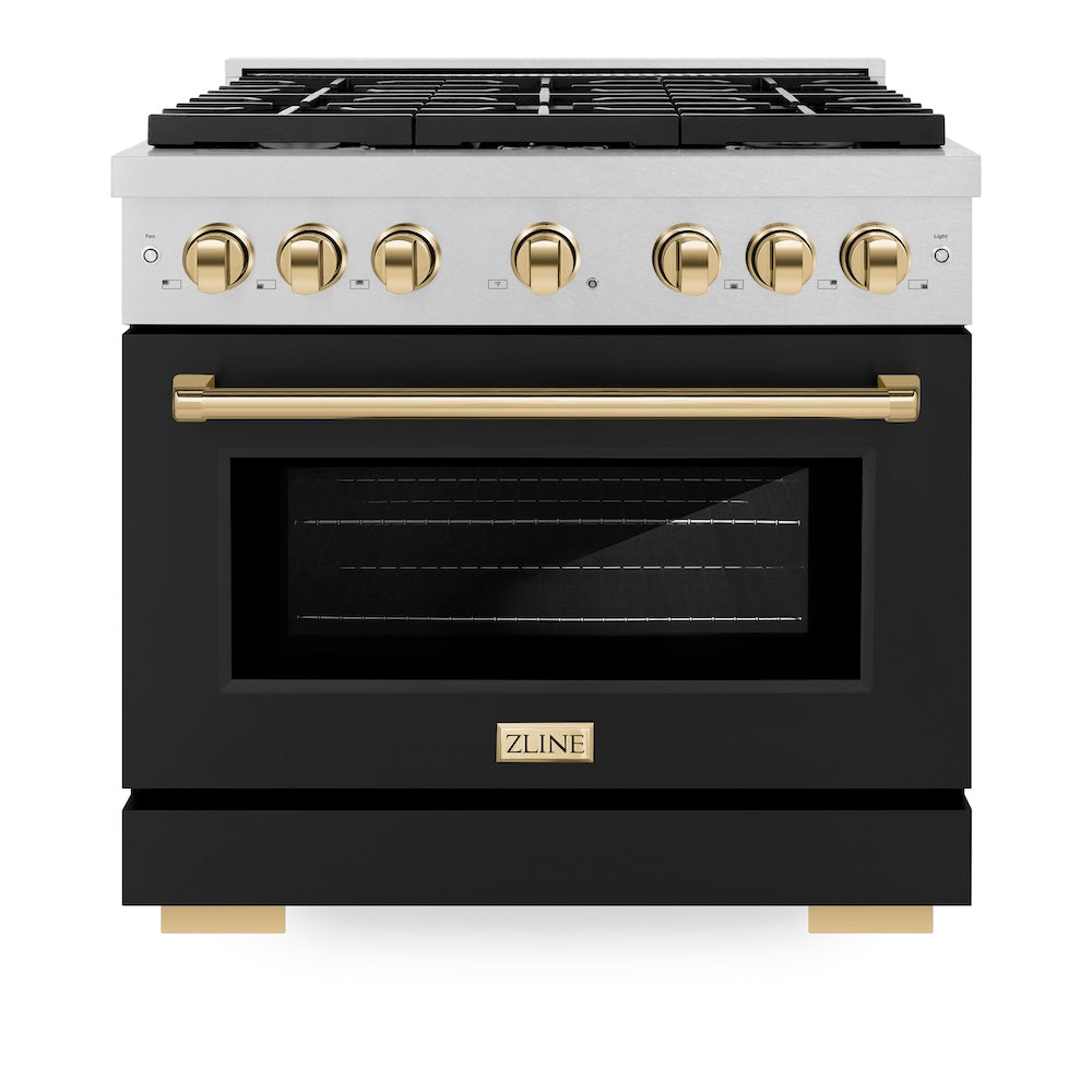 Autograph Edition 36 In. 5.2 Cu. Ft. Paramount Gas Range With 6 Burner Cooktop And Convection Gas Oven In Satin Stainless Steel With Black Matte Door And Polished Gold Accents SGRSZBLM36G