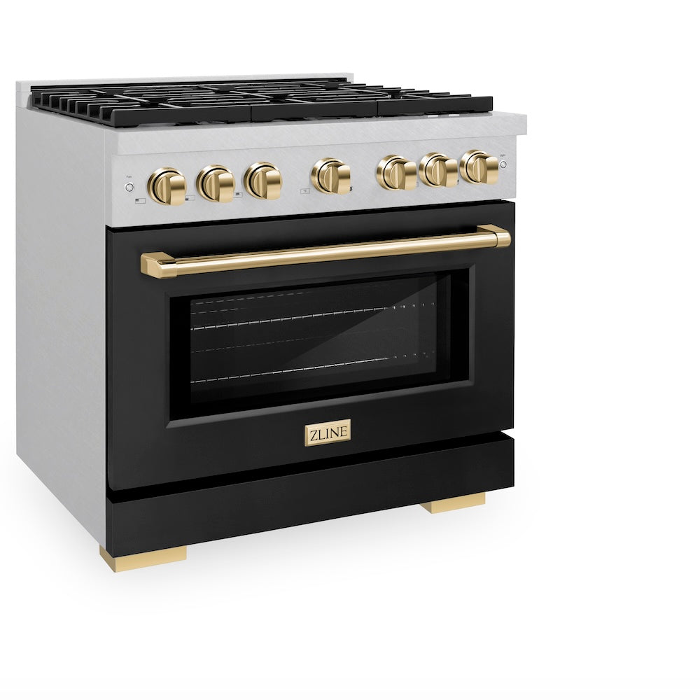 Autograph Edition 36 In. 5.2 Cu. Ft. Paramount Gas Range With 6 Burner Cooktop And Convection Gas Oven In Satin Stainless Steel With Black Matte Door And Polished Gold Accents SGRSZBLM36G