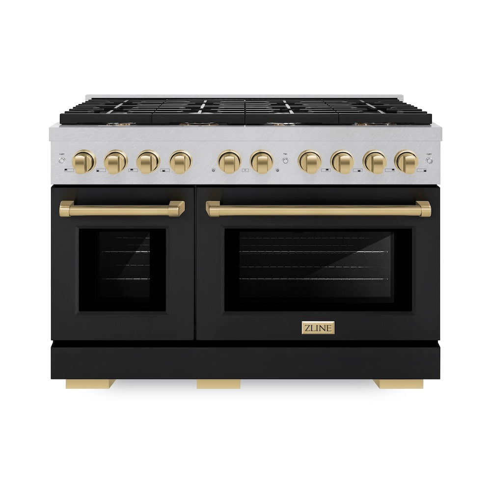 Autograph Edition 48 In. 6.7 Cu. Ft. Paramount Double Oven Gas Range With 8 Burner Cooktop In Satin Stainless Steel With Black Matte Doors And Champagne Bronze Accents SGRSZBLM48CB
