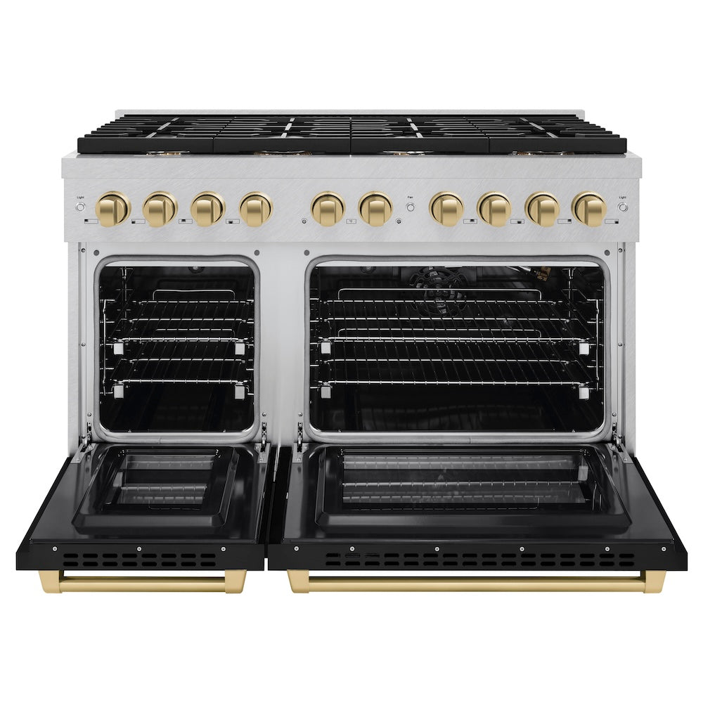 Autograph Edition 48 In. 6.7 Cu. Ft. Paramount Double Oven Gas Range With 8 Burner Cooktop In Satin Stainless Steel With Black Matte Doors And Champagne Bronze Accents SGRSZBLM48CB
