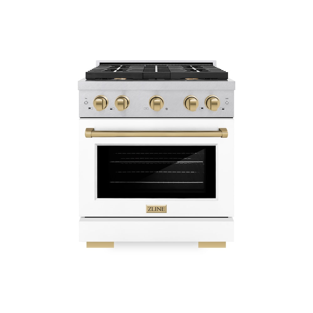 Autograph Edition 30 In. 4.2 Cu. Ft. Paramount Gas Range With 4 Burner Cooktop And Convection Gas Oven In Satin Stainless Steel With White Matte Door And Champagne Bronze Accents SGRSZWM30CB