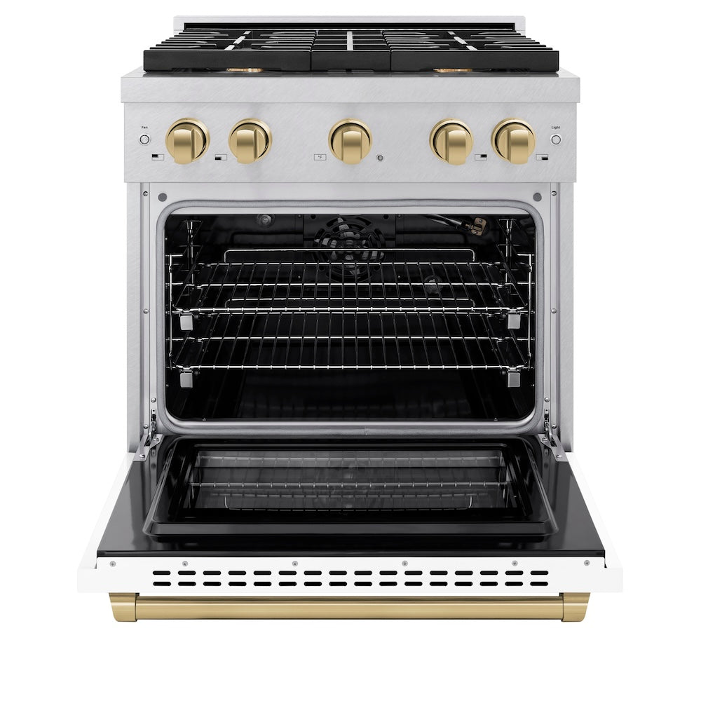 Autograph Edition 30 In. 4.2 Cu. Ft. Paramount Gas Range With 4 Burner Cooktop And Convection Gas Oven In Satin Stainless Steel With White Matte Door And Champagne Bronze Accents SGRSZWM30CB