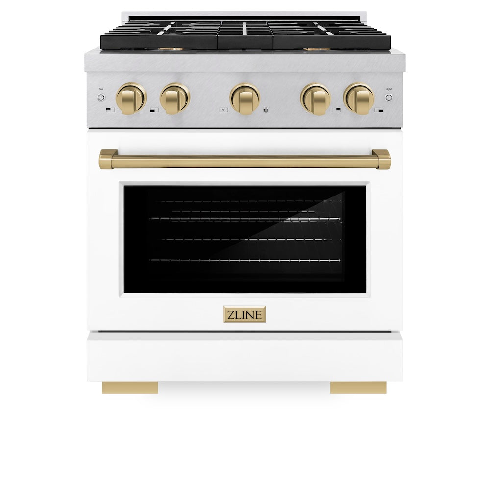 Autograph Edition 30 In. 4.2 Cu. Ft. Paramount Gas Range With 4 Burner Cooktop And Convection Gas Oven In Satin Stainless Steel With White Matte Door And Champagne Bronze Accents SGRSZWM30CB