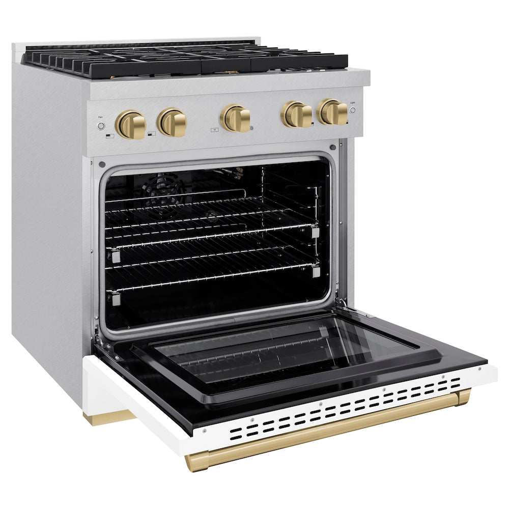Autograph Edition 30 In. 4.2 Cu. Ft. Paramount Gas Range With 4 Burner Cooktop And Convection Gas Oven In Satin Stainless Steel With White Matte Door And Champagne Bronze Accents SGRSZWM30CB