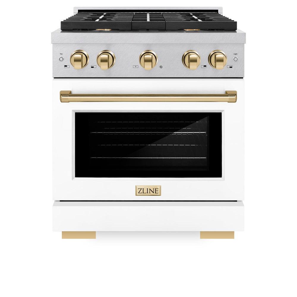 Autograph Edition 30 In. 4.2 Cu. Ft. 4 Burner Paramount Gas Range With Convection Gas Oven In Satin Stainless Steel With White Matte Door And Polished Gold Accents SGRSZWM30G