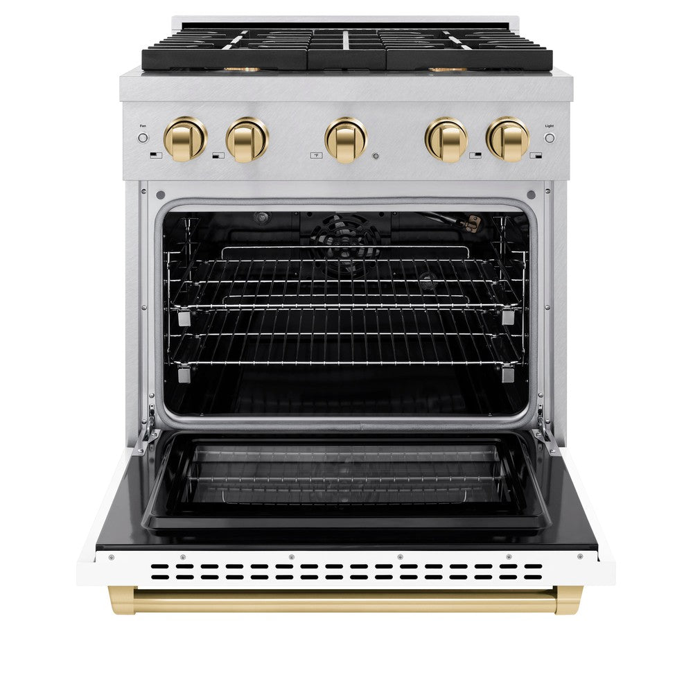 Autograph Edition 30 In. 4.2 Cu. Ft. 4 Burner Paramount Gas Range With Convection Gas Oven In Satin Stainless Steel With White Matte Door And Polished Gold Accents SGRSZWM30G